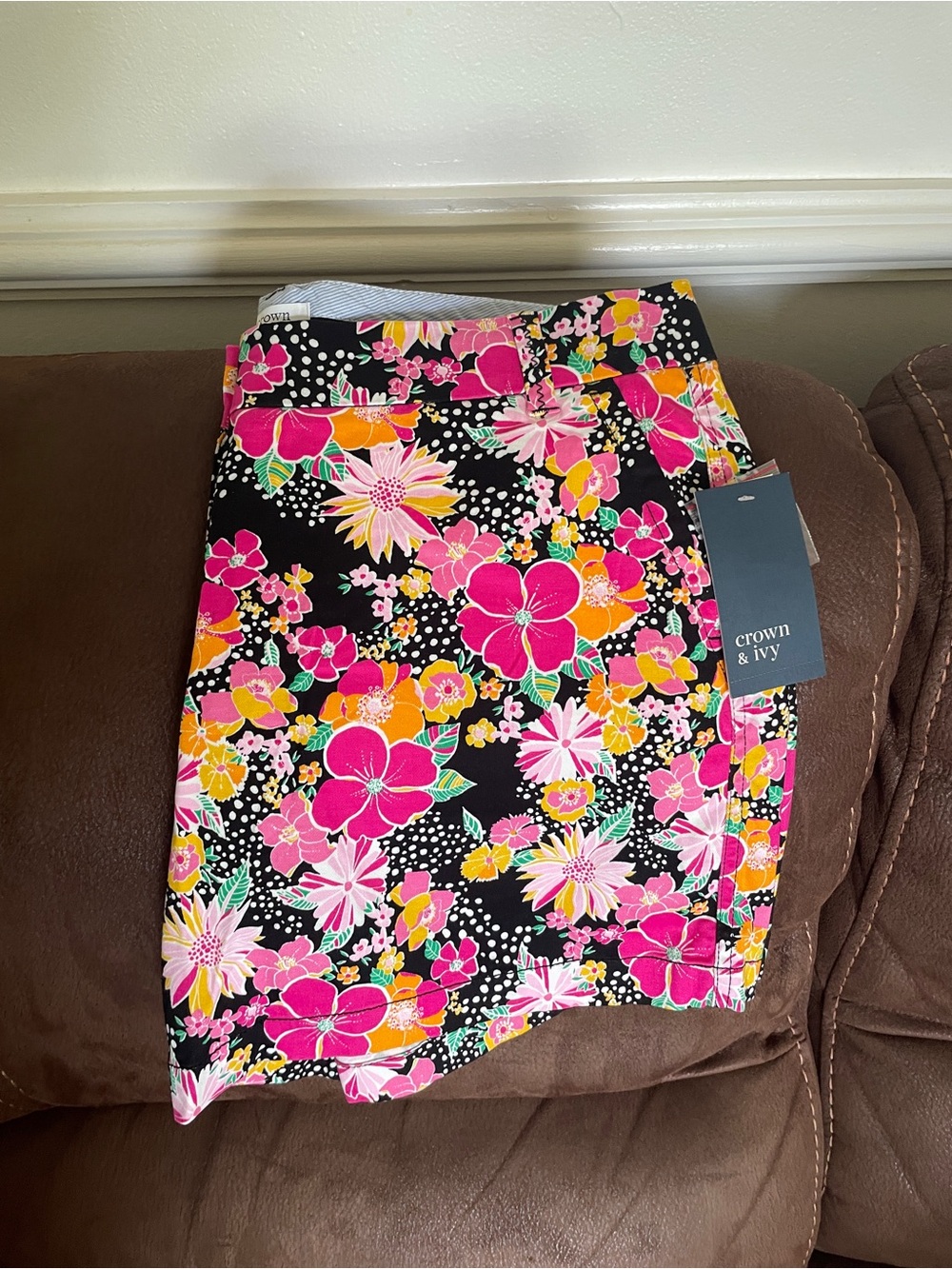 crown & ivy Black Shorts with Pink & Orange Floral Print